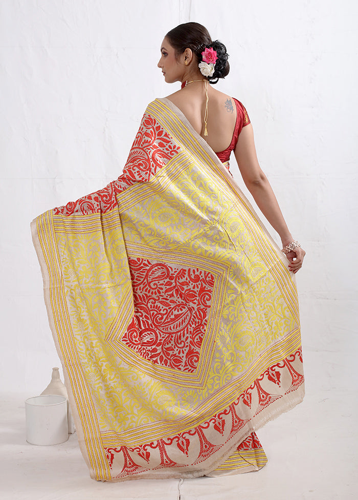 Cream Kantha Stitch Pure Silk Saree With Blouse Piece - Indian Silk House Agencies