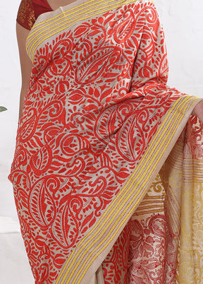 Cream Kantha Stitch Pure Silk Saree With Blouse Piece - Indian Silk House Agencies