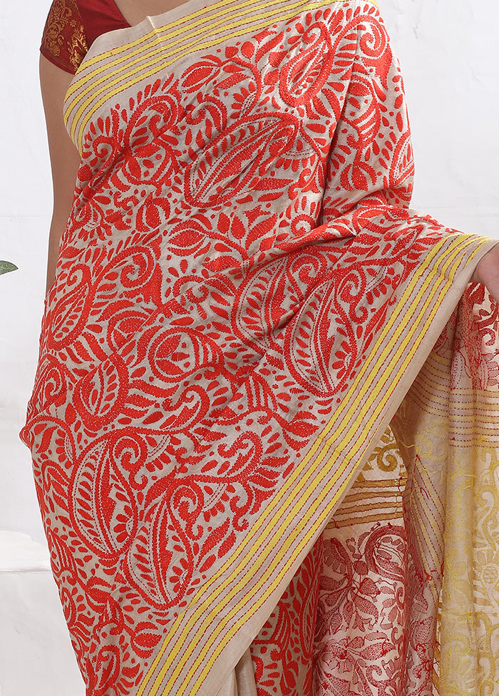 Cream Kantha Stitch Pure Silk Saree With Blouse Piece - Indian Silk House Agencies