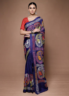 Blue Kantha Stitch Silk Saree With Blouse Piece