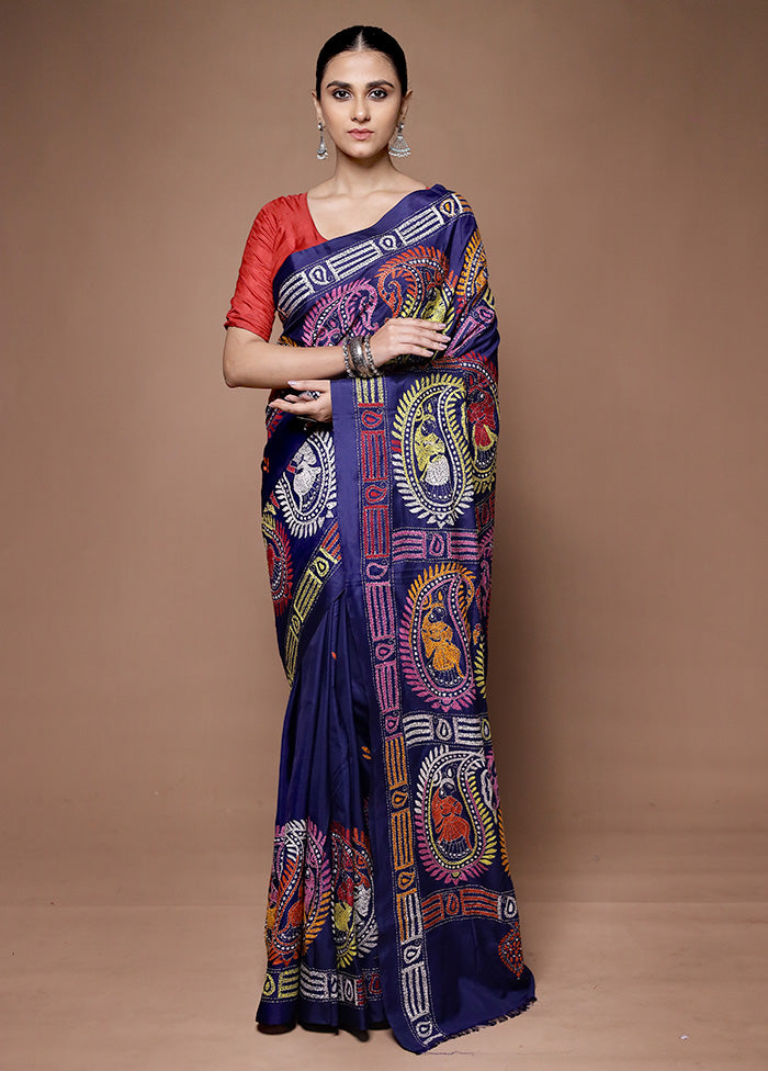 Blue Kantha Stitch Silk Saree With Blouse Piece