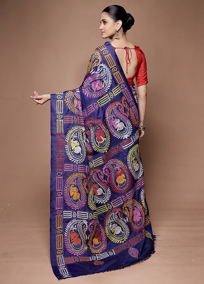 Blue Kantha Stitch Silk Saree With Blouse Piece