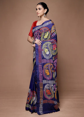 Blue Kantha Stitch Silk Saree With Blouse Piece