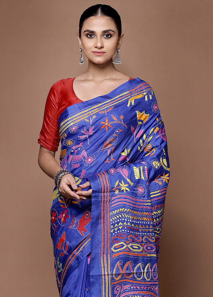 Blue Kantha Stitch Silk Saree With Blouse Piece