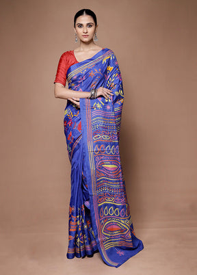 Blue Kantha Stitch Silk Saree With Blouse Piece