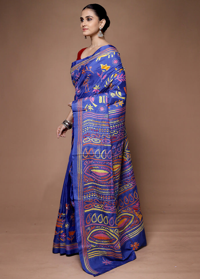 Blue Kantha Stitch Silk Saree With Blouse Piece