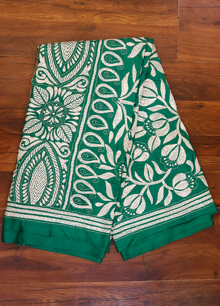 Green Kantha Stitch Silk Saree With Blouse Piece