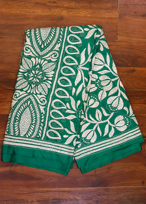 Green Kantha Stitch Silk Saree With Blouse Piece