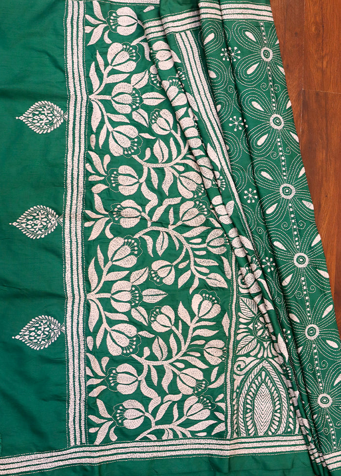 Green Kantha Stitch Silk Saree With Blouse Piece