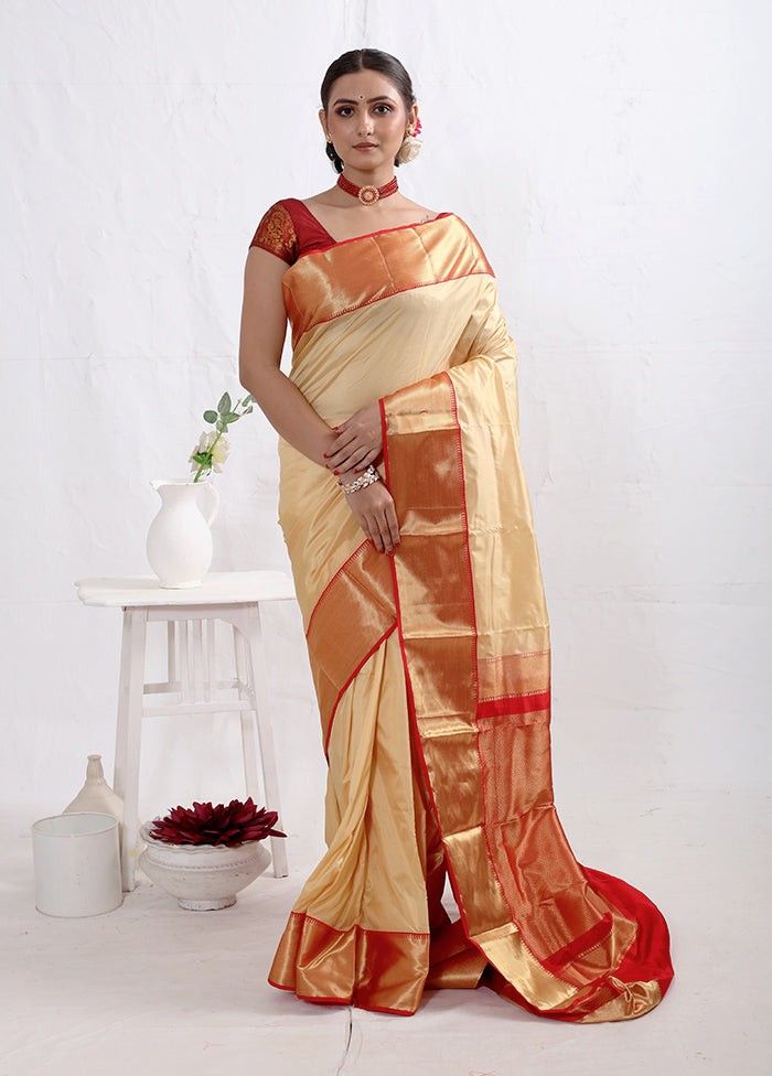 Cream Kanjivaram Pure Silk Saree With Blouse Piece - Indian Silk House Agencies