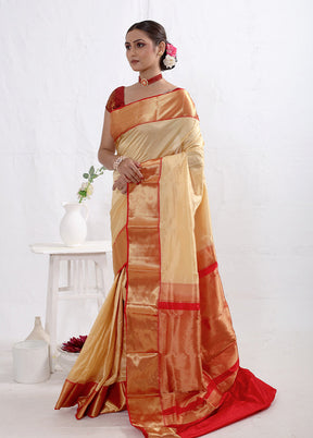 Cream Kanjivaram Pure Silk Saree With Blouse Piece - Indian Silk House Agencies