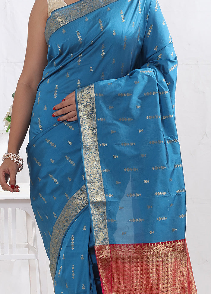 Blue Kanjivaram Silk Saree With Blouse Piece - Indian Silk House Agencies