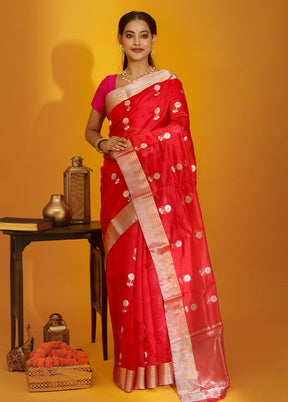 Red Chanderi Pure Cotton Saree With Blouse Piece - Indian Silk House Agencies