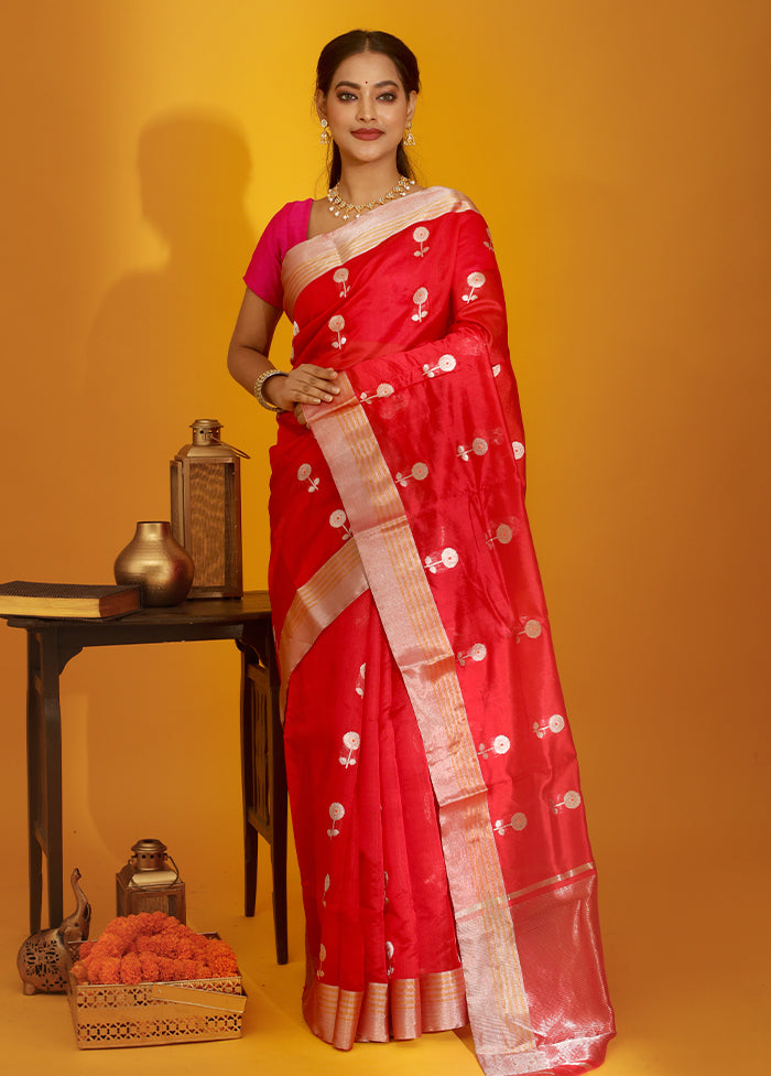 Red Chanderi Pure Cotton Saree With Blouse Piece - Indian Silk House Agencies