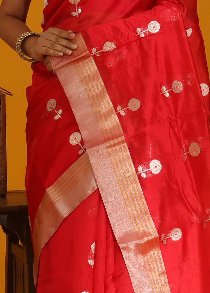 Red Chanderi Pure Cotton Saree With Blouse Piece - Indian Silk House Agencies