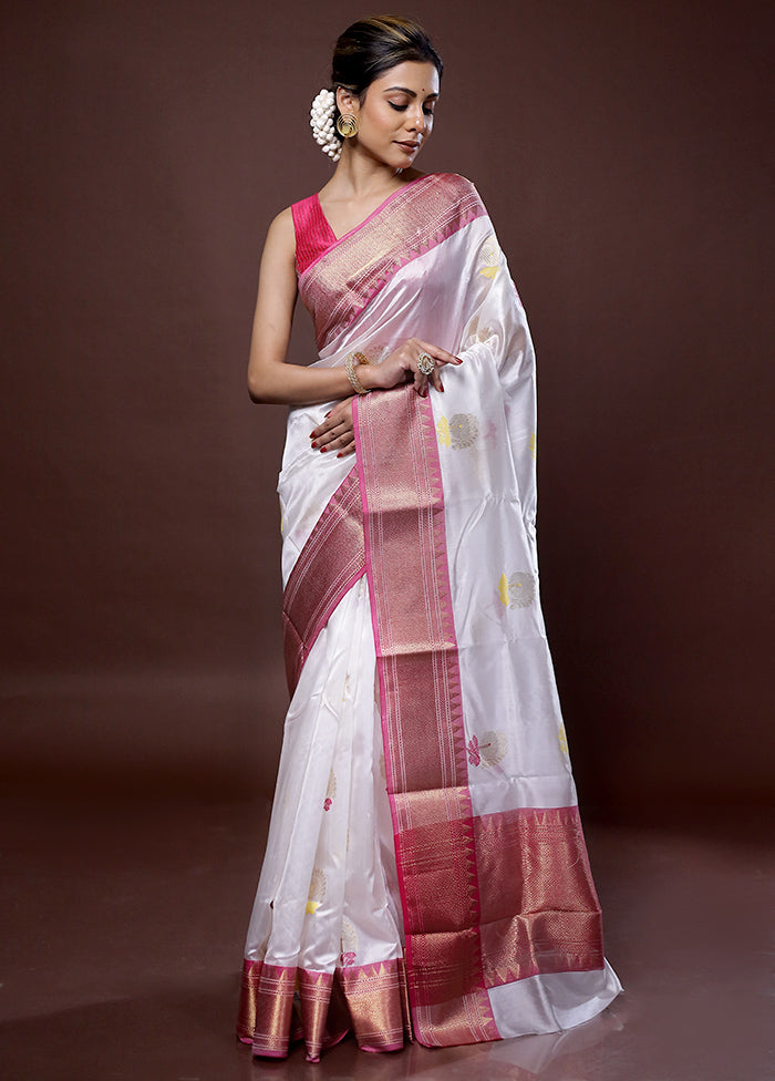 White Chanderi Pure Cotton Saree With Blouse Piece - Indian Silk House Agencies