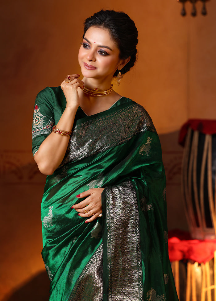 Green Handloom Chanderi Pure Cotton Saree With Blouse Piece