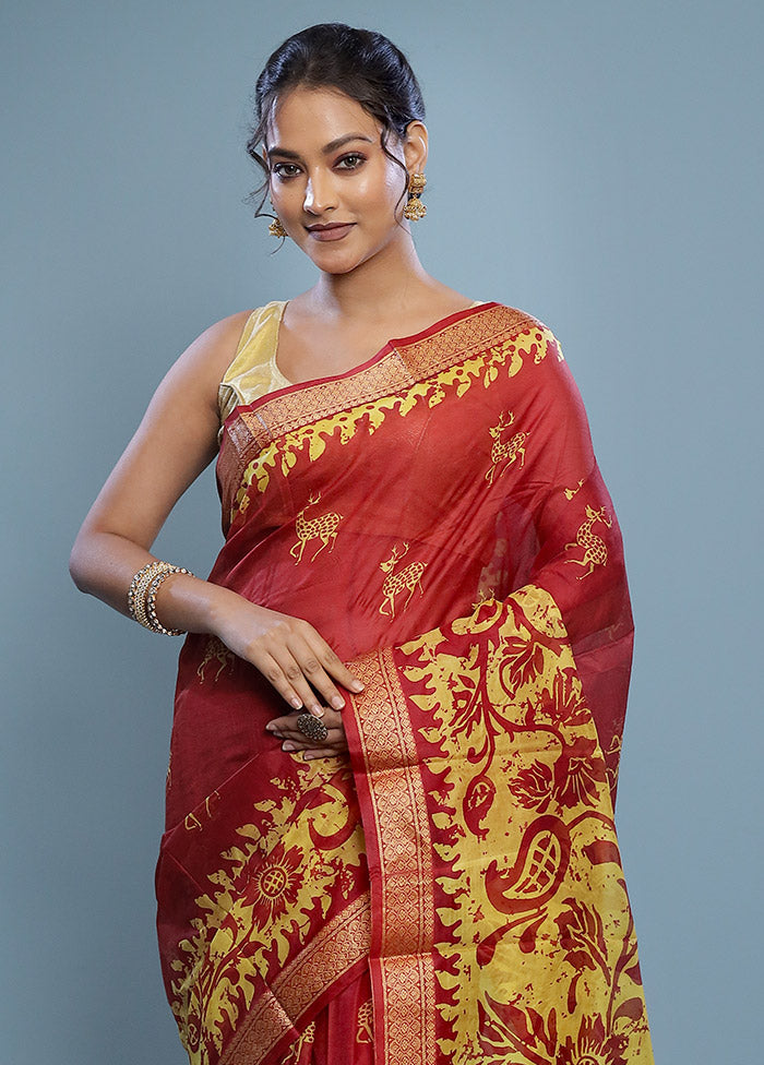 Red Printed Pure Silk Saree Without Blouse Piece - Indian Silk House Agencies