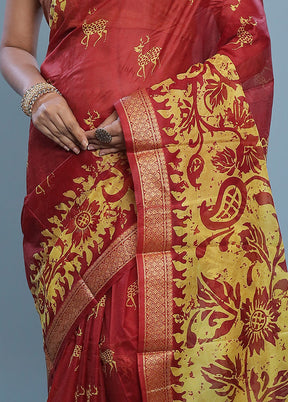 Red Printed Pure Silk Saree Without Blouse Piece - Indian Silk House Agencies