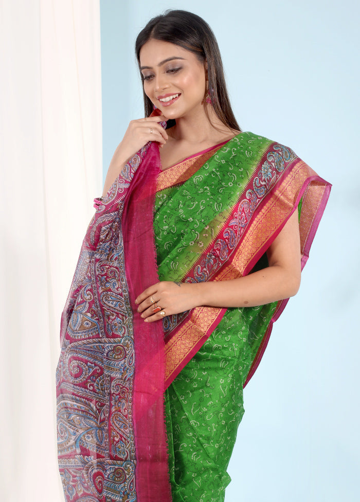 Green Printed Pure Silk Saree With Blouse Piece - Indian Silk House Agencies