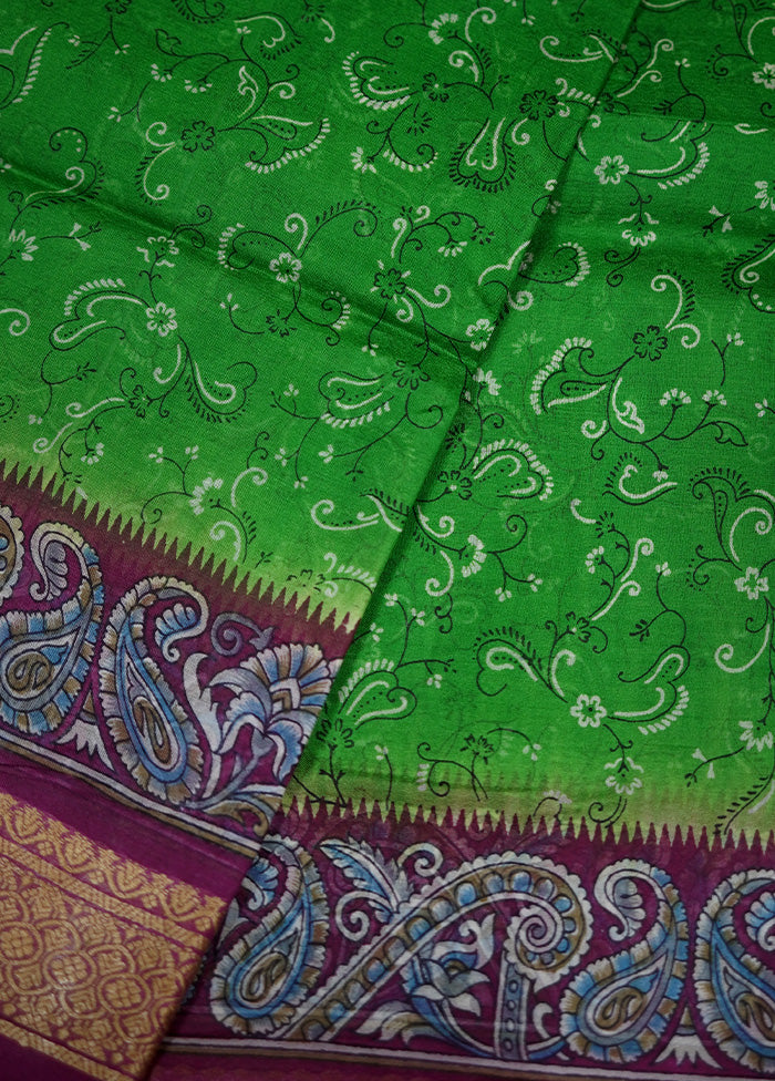 Green Printed Pure Silk Saree With Blouse Piece - Indian Silk House Agencies