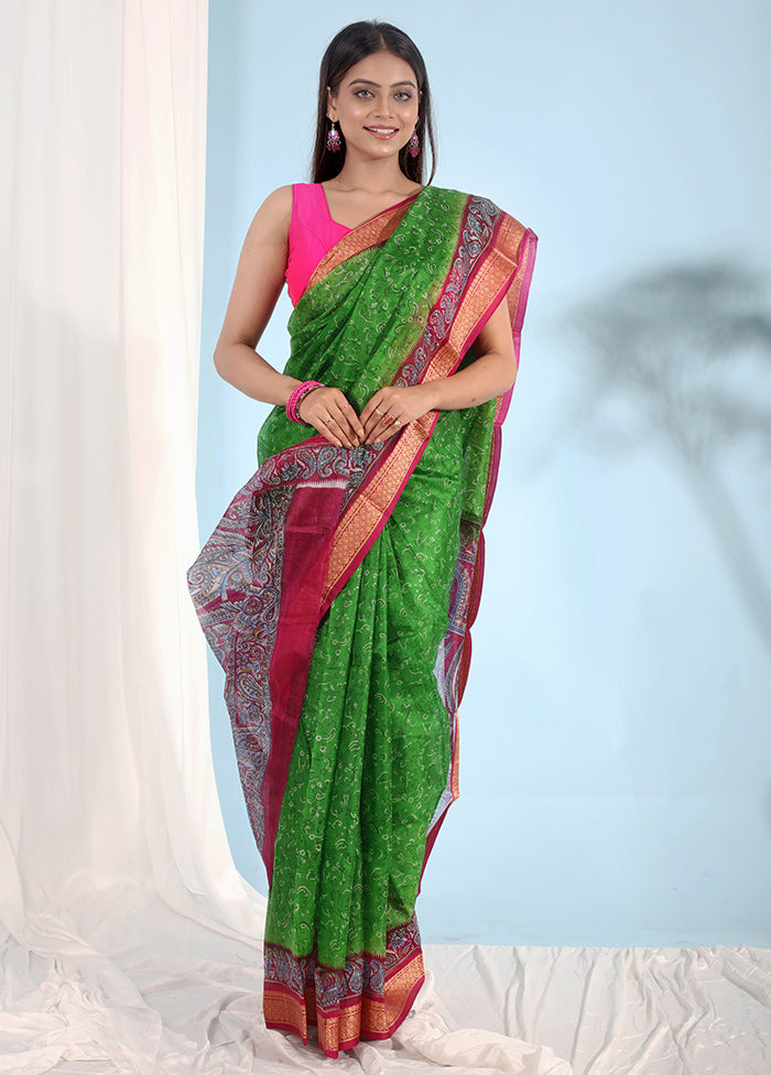 Green Printed Pure Silk Saree With Blouse Piece - Indian Silk House Agencies