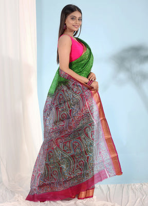 Green Printed Pure Silk Saree With Blouse Piece - Indian Silk House Agencies