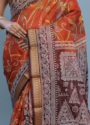 Orange Printed Pure Silk Saree Without Blouse Piece - Indian Silk House Agencies