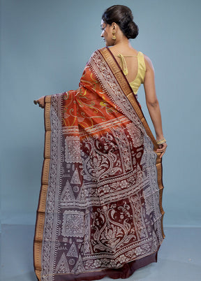 Orange Printed Pure Silk Saree Without Blouse Piece - Indian Silk House Agencies