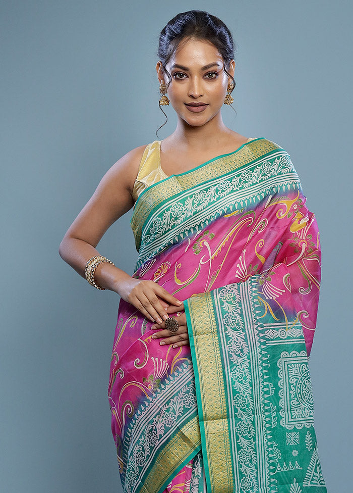 Pink Printed Pure Silk Saree Without Blouse Piece - Indian Silk House Agencies