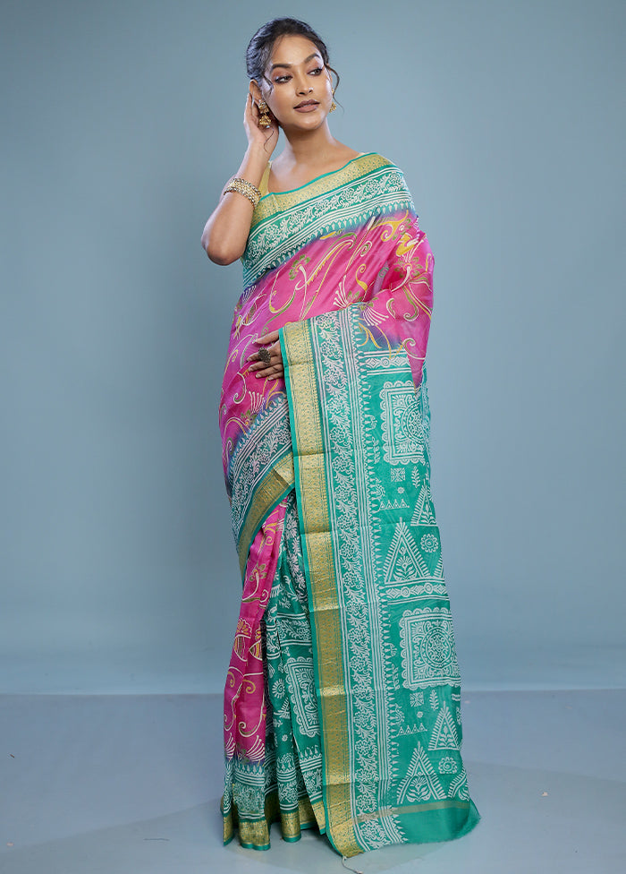 Pink Printed Pure Silk Saree Without Blouse Piece - Indian Silk House Agencies