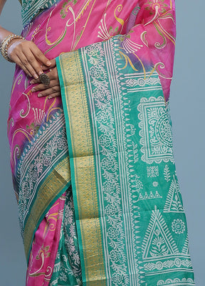 Pink Printed Pure Silk Saree Without Blouse Piece - Indian Silk House Agencies