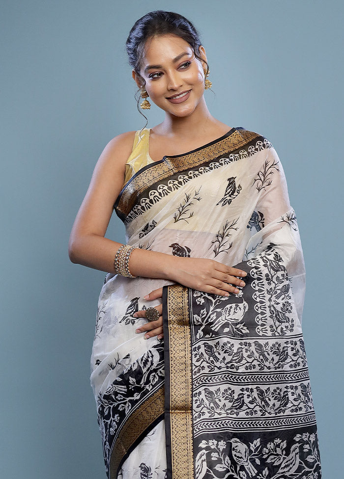 Cream Printed Pure Silk Saree Without Blouse Piece - Indian Silk House Agencies