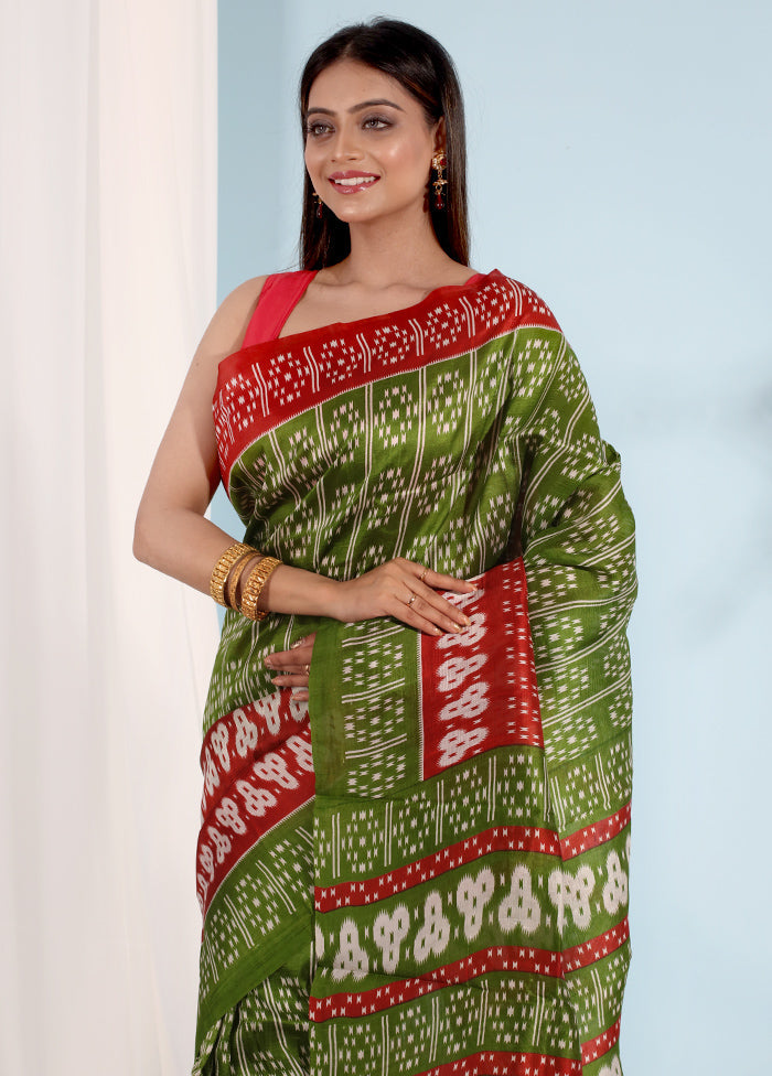 Green Printed Pure Silk Saree With Blouse Piece - Indian Silk House Agencies