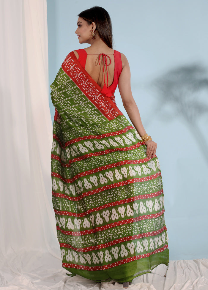 Green Printed Pure Silk Saree With Blouse Piece - Indian Silk House Agencies