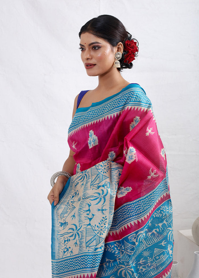 Pink Printed Pure Silk Saree With Blouse Piece - Indian Silk House Agencies