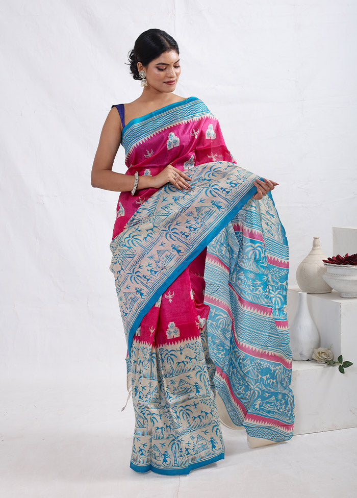 Pink Printed Pure Silk Saree Without Blouse Piece