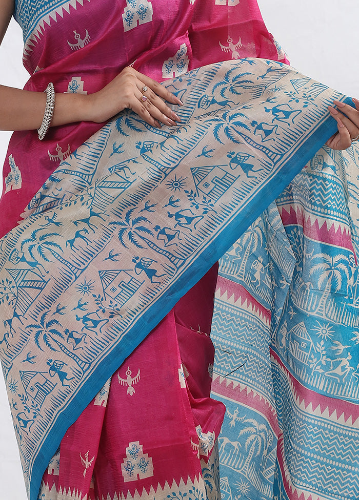 Pink Printed Pure Silk Saree Without Blouse Piece