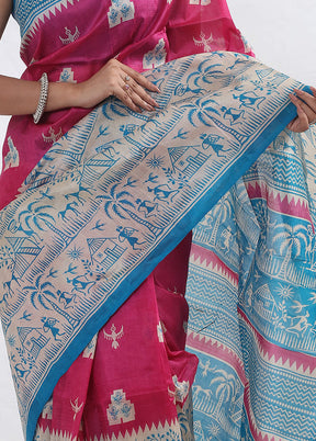 Pink Printed Pure Silk Saree Without Blouse Piece