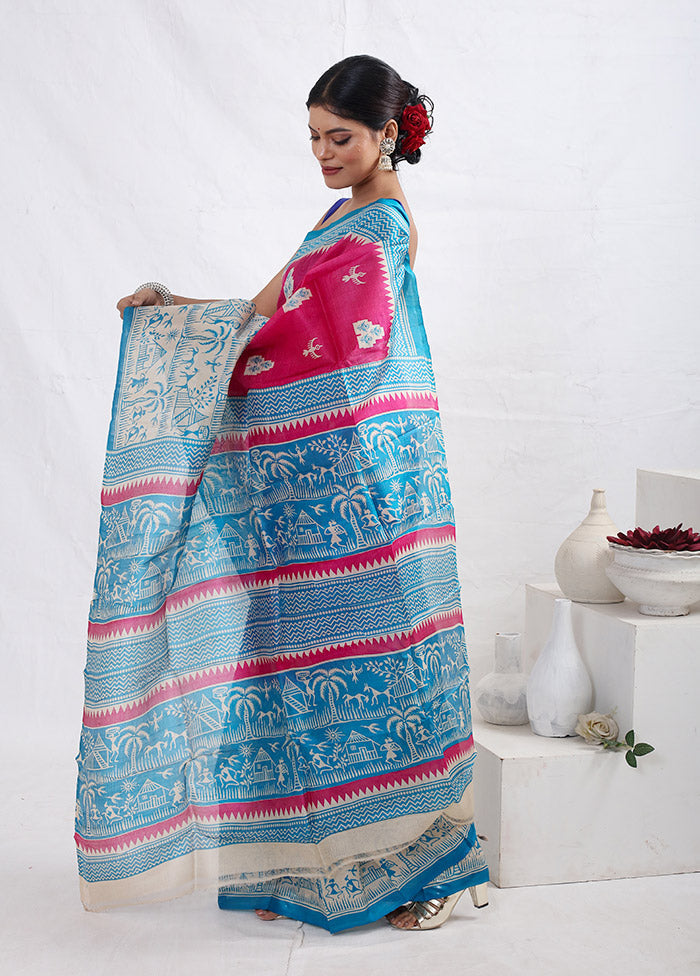 Pink Printed Pure Silk Saree Without Blouse Piece