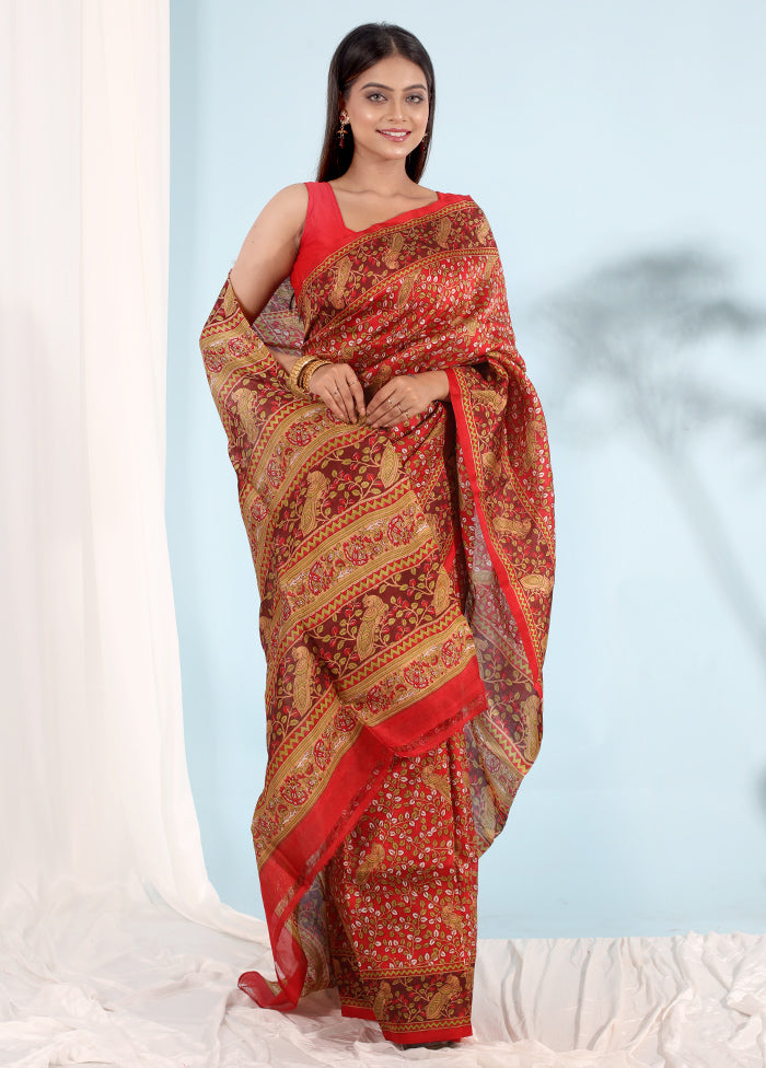 Orange Printed Pure Silk Saree With Blouse Piece - Indian Silk House Agencies