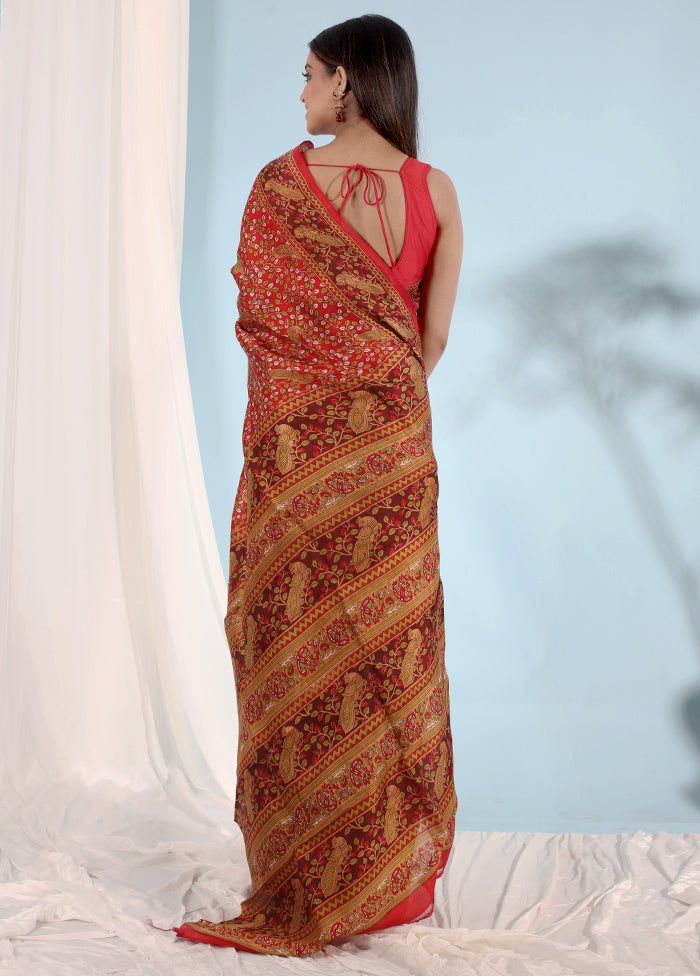 Orange Printed Pure Silk Saree With Blouse Piece - Indian Silk House Agencies