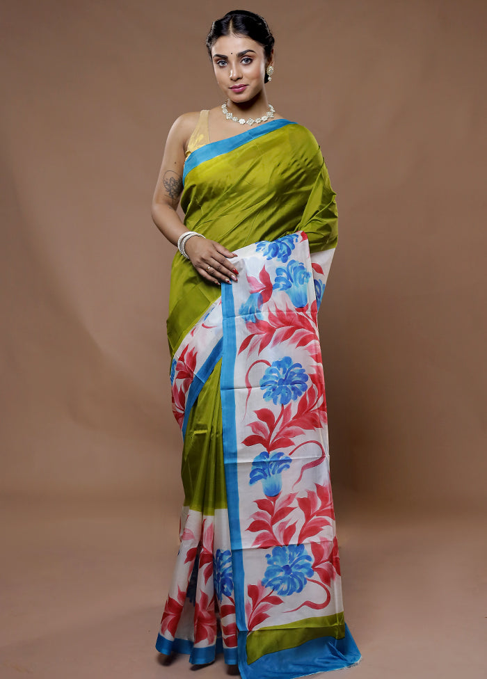 Green Printed Pure Silk Saree With Blouse Piece - Indian Silk House Agencies