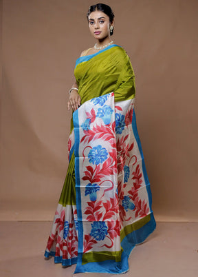 Green Printed Pure Silk Saree With Blouse Piece - Indian Silk House Agencies