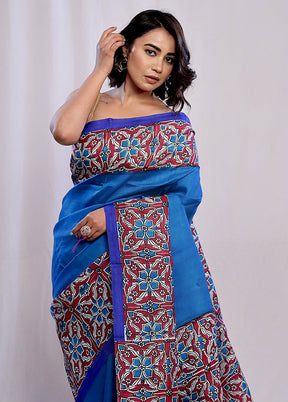 Blue Printed Pure Silk Saree With Blouse Piece - Indian Silk House Agencies