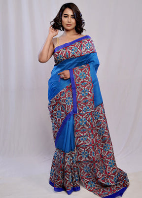 Blue Printed Pure Silk Saree With Blouse Piece - Indian Silk House Agencies