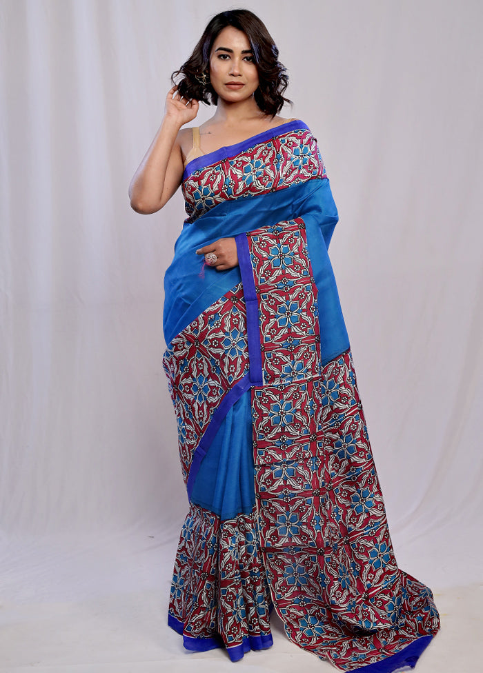 Blue Printed Pure Silk Saree With Blouse Piece - Indian Silk House Agencies