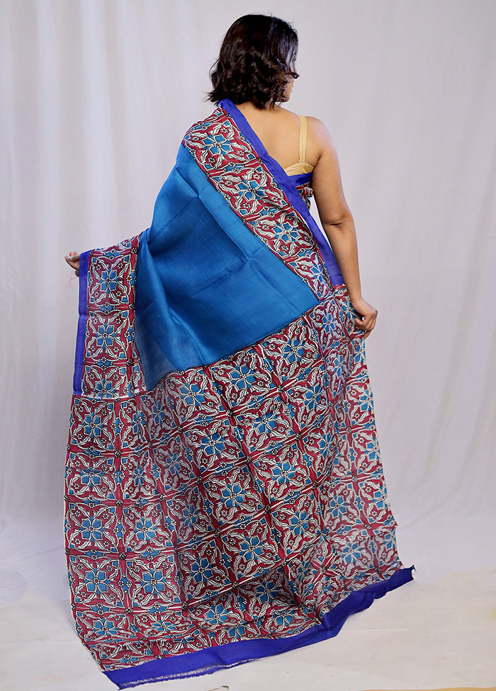 Blue Printed Pure Silk Saree With Blouse Piece - Indian Silk House Agencies