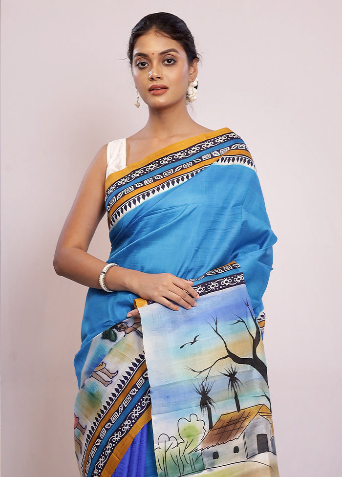 Blue Printed Pure Silk Saree With Blouse Piece - Indian Silk House Agencies