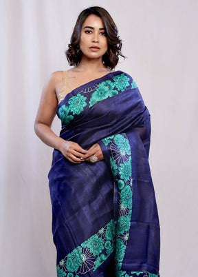 Blue Printed Pure Silk Saree With Blouse Piece - Indian Silk House Agencies